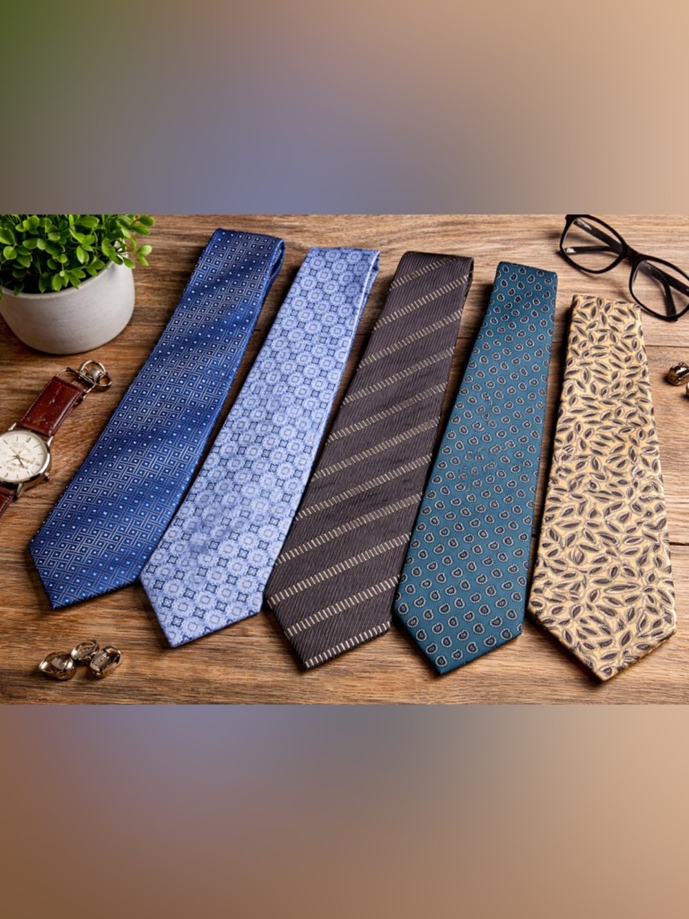 Bundle of 5 Silk Ties Geoffrey Beene Roundtree Blue Patterned Designer Lot